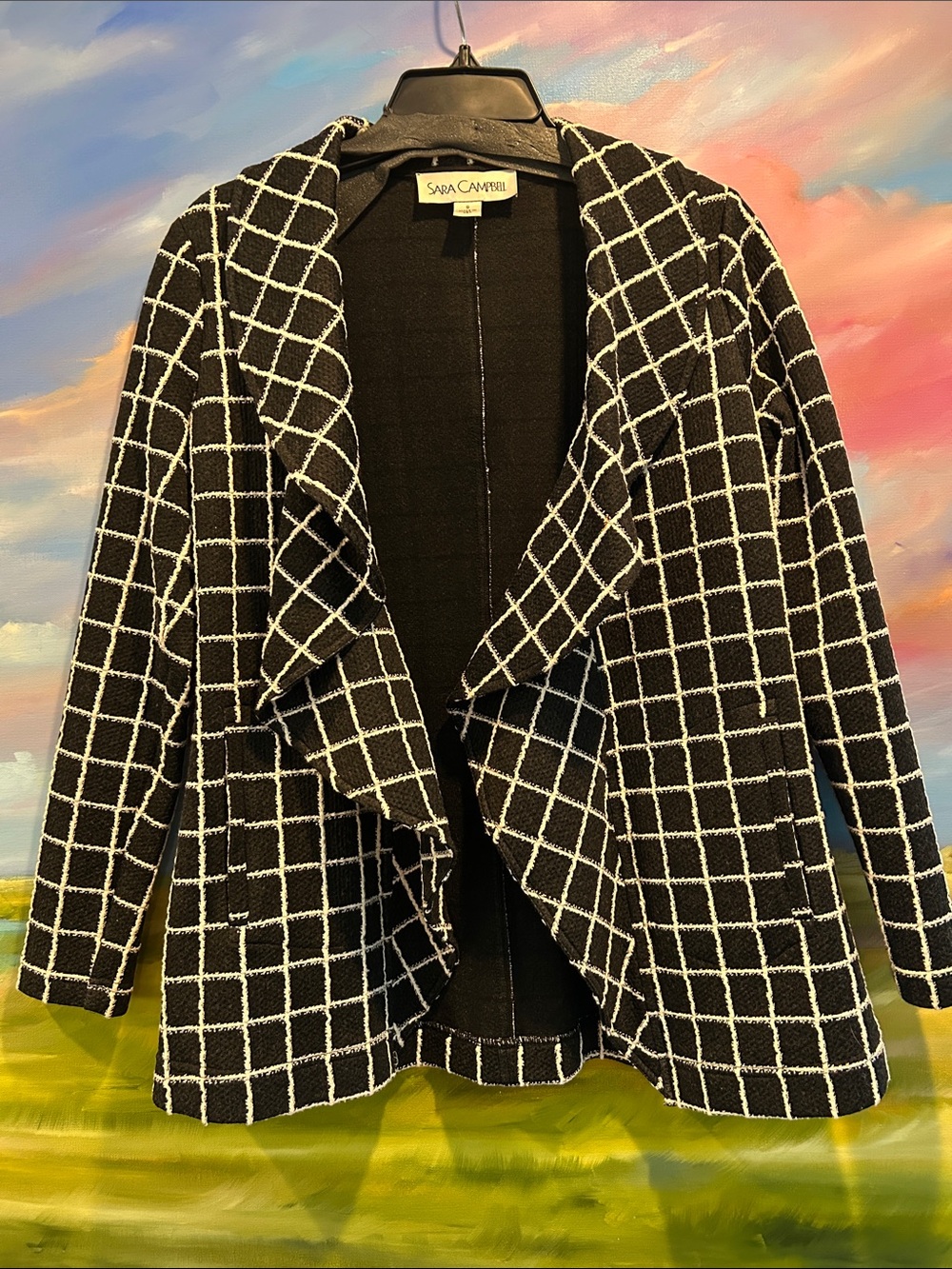 Sara Campbell Black and White Windowpane Draped Knit Blazer